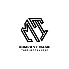 MT initial letters, hexagon logo minimalist art lines, black color