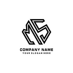 MS initial letters, hexagon logo minimalist art lines, black color