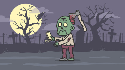Zombie looks at phone against background of cemetery