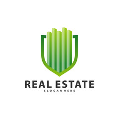 Shield with Building Idea logo template, Modern City with Shield logo designs concept, Real Estate logo Vector Illustration