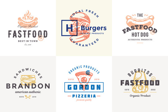 Hand drawn fast food logos and labels with modern vintage typography retro style set vector illustration.
