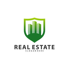 Shield with Building Idea logo template, Modern City with Shield logo designs concept, Real Estate logo Vector Illustration