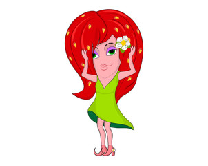 The cartoon character, Strawberry in a green dress, with a flower in her hair, demonstrates her luxurious and voluminous hair.