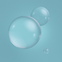3d clear glass balls, transparent bubbles, isolated on blue background. Clean style