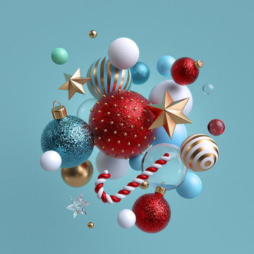 3d Christmas background. Winter holiday ornaments levitating. Red blue white glass balls, candy cane, golden stars isolated. Festive clip art. Arrangement of levitating objects.