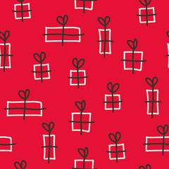 Vector seamless christmas pattern in red. Simple doodle gift made into repeat. Great for background, wallpaper, wrapping paper, packaging.