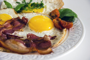 Tasty meal with fried egg and bacon Closeup appetizing colorful breakfast with yellow eggs red bacon tomatoes and chopped greenery.