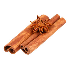 Cinnamon sticks with star anise isolated on white background without shadow