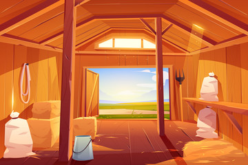 Farm barn house inside. Empty wooden ranch interior with haystacks, sacks, fork, open gate and green summer field outside view. Traditional countryside storehouse building. Cartoon vector illustration © vectorpouch