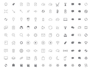 Vector collection of universal black flat icons for web, technology, communication, connectivity, music, media, finance, environment and more.