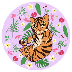 cute tiger kitten with abstract tropical flowers, leaves and plants on purple background, cartoon drawing funny animals, wild cat kitten isolated, editable vector illustration