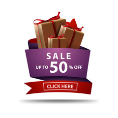 Sale, up to 50% off, purple discount banner in the form of ribbon with gift boxes isolated on white background