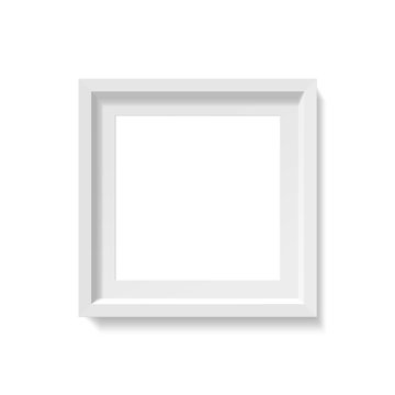 Empty square picture frame mockup. Photo container template. 3d top view illustration with transporented shadow isolated on white wall. Blank space for paper poster. Closeup realistic vector object.