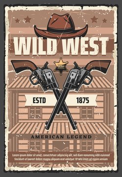 Wild West saloon, revolvers and cowboy hat