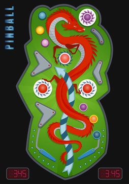 Colored and realistic pinball composition with pinball hit strike description and dragon image vector illustration.