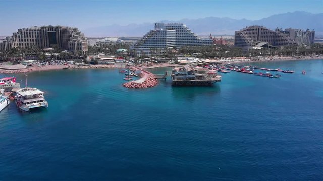 Aerial footage of Hotels Marina and boats in the desert Aerial Drone footage of Hotels and Marina in Eiltat city 