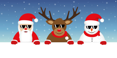 Fototapeta na wymiar cute reindeer santa claus and snowman cartoon with sunglasses for christmas vector illustration EPS10