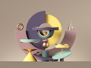 3d abstract postmodern design with assorted geometrical shapes isolated on neutral background. Colorful primitives: cone ball cylinder torus, blank pedestal or podium. Constructor toys for children.