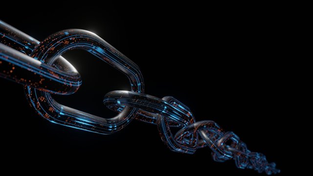 3D Rendering Of Metal Chain With Glowing Led Blue And Digital Dots Orange Data With Depth Of Field On Dark Background. Concept Of Block Chain Connection. Backbone Core Technology Of Crypto Currency 