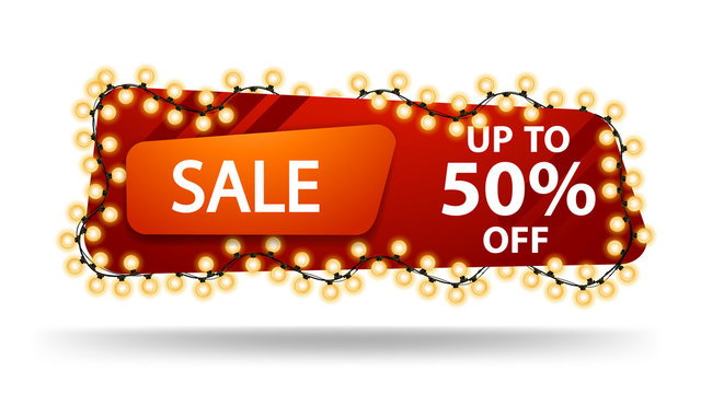 Sale, up to 50% off, horizontal red discount banner with garland isolated on white background