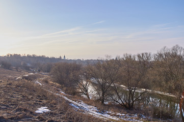 Beautiful morning, winter landscape of a small ancient city in the southeast of the Moscow region
