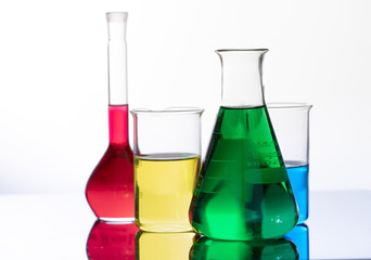 flasks and test tubes in a chemistry lab