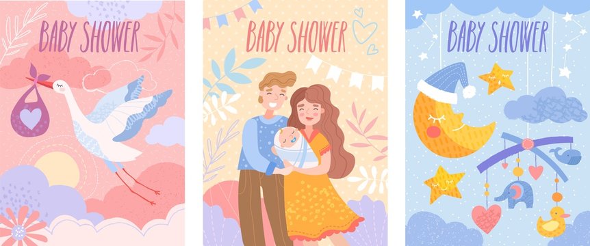 Set of baby shower invitation templates with happy parents, flying stork and dormant crescent. Vector illustration - Powered by Adobe