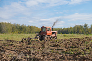 Obraz premium A tracked tractor with a plough plows the ground in autumn against the background of the forest.