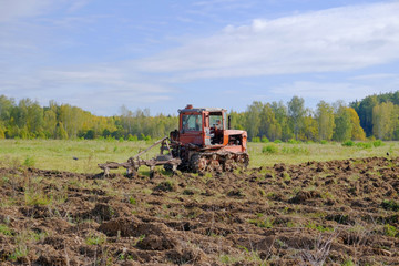 Fototapeta premium A tracked tractor with a plough plows the ground in autumn against the background of the forest.