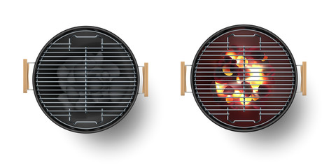 Round empty barbecue grill top view vector set. Unlit grill with Charcoal and another with burning coals. - obrazy, fototapety, plakaty