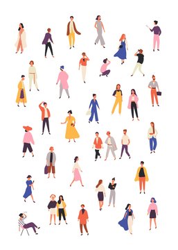 People in fashionable clothes flat vector illustrations set. Stylish male and female models isolated design elements on white background. Fashion photographer, modern girls characters collection.
