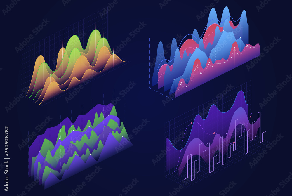Poster graphs, charts isometric vector illustrations set. business infographic elements pack. financial dia