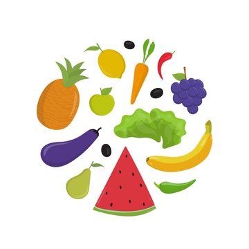 Fruit and vegetables flat vector illustrations set. Raw whole banana and apple, watermelon slice. Ripe eggplant, carrot isolated cliparts pack on white background. Organic veggies in round shape.