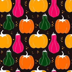 fall seamless colorful vector pattern illustration with hand drawn flat pumpkin and berries autumn texture on black background for thanksgiving, harvest and halloween