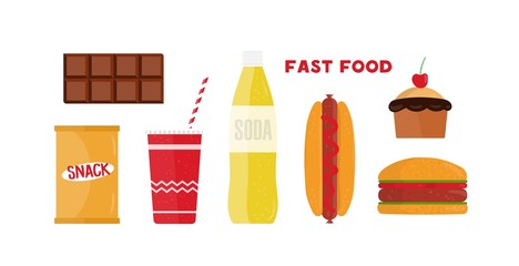 Fast food flat vector illustrations set. Restaurant takeaway products isolated cliparts pack on white background. Unhealthy nutrition eating. Tasty hotdog, burger junk food design elements collection.