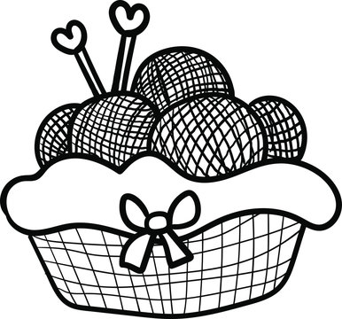 Basket with balls and knitting needles. Coloring page, Coloring book. Contour. Doodle illustration. Handmade. Symbol of celebration and comfort. Cozy Home. - Vector. Vector illustration
