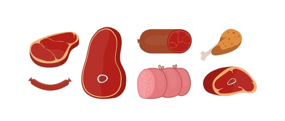 Fototapeta Raw meat products flat vector illustrations set. Butchery shop fresh assortment. Pork slice and beef steak isolated cliparts pack on white background. Sausage, chicken leg design elements collection. obraz