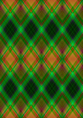 Bright seamless background in green shades with patterns of rhombuses  obtained from the intersection of magenta, orange and green stripes 