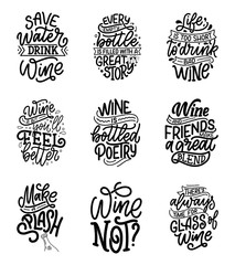 Set of wine lettering compositions in modern style. Alcohol beverage bar drink concept. Vintage typography for prints or posters. Vector