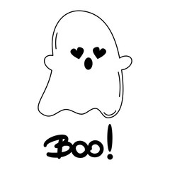 cute cartoon vector halloween illustration with ghost and handwritten boo word