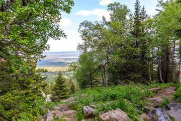Beautiful view from the Zyuratkul ridge on the lake Zyuratkul. Zyuratkul lake is a high-mountain lake in the southern Ural. Zyuratkul national Park, Chelyabinsk region, Russia.