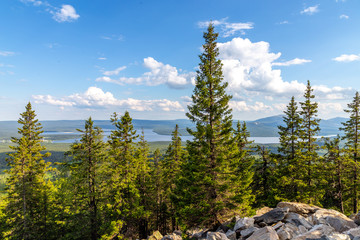Beautiful view from the Zyuratkul ridge on the lake Zyuratkul. Zyuratkul lake is a high-mountain lake in the southern Ural. Zyuratkul national Park, Chelyabinsk region, Russia.