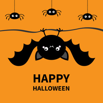 Happy Halloween. Bat, spider set hanging. Cute cartoon kawaii funny round baby character with open wings. Black silhouette. Forest animal. Flat design. Orange background. Isolated. Greeting card.