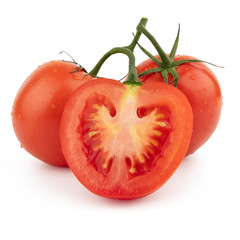 Red tomato in a cut and whole. Isolated on a white background.