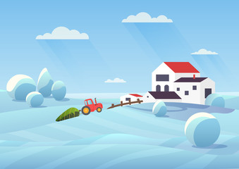 Snowy winter landscape flat vector illustration. Countryside house and snow fields. Tractor transporting fir tree to townhouse. Xmas modern home building. Christmas cottage cartoon composition