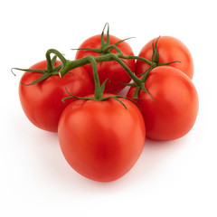 Group red tomatoes whole on a green branch. Isolated on a white background.