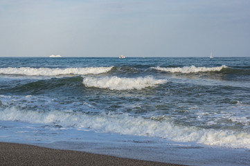 The sea is worry, waves with foam. The white ships on the horizon.