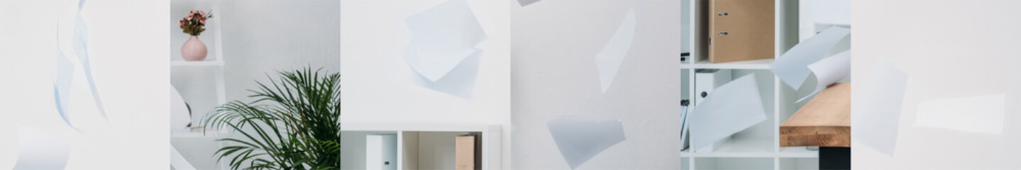 collage of paper in air in modern white office with furniture