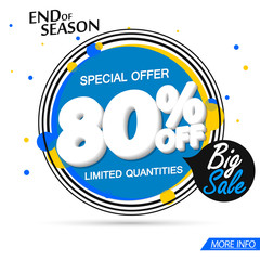 Big Sale 80% off, banner design template, discount tag, special offer, end of season, app icon, vector illustration