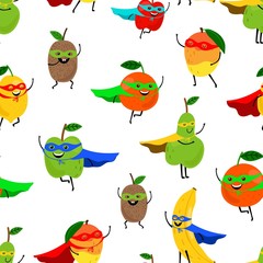 Super fruits seamless pattern. Smiling fruit superheroes vector texture. Cute print isolated on white background